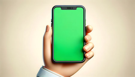 Hand Holding Smartphone with Green Screen Ready for Mockup. 3d illustrationの素材