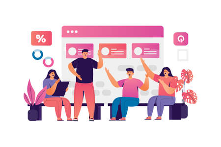 background, banner, board, business, cartoon, character, company, concept, corporate, creative, design, digital, discussing, discussion, flat, graphic, group, idea, illustration, landing, landing page, man, marketing, meeting, modern, office, page, people, person, program, red, social, strategy, tab, team, teamwork, technology, template, vector, web, website, woman, workのイラスト素材