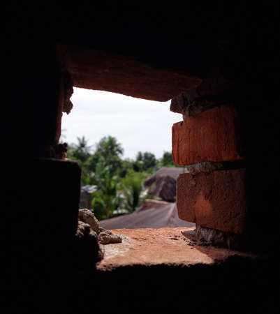 with a photo of the scenery in the gap of the bricksの写真素材