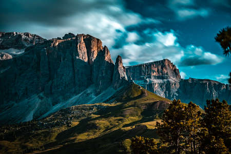 Starry night sky at Sassolungo in the Dolomites