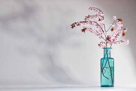 cherry blossom ikebana in a blue vase on a white backgroundの写真素材