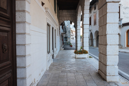 Narrow streets and palaces of the medieval village of Polcenigo, Friuli Venezia Giuliaのeditorial素材