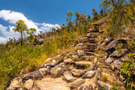 Rocky trail leading to the top of the tropical Fitzroy Island in a sunny day, Queensland, Australiaの写真素材