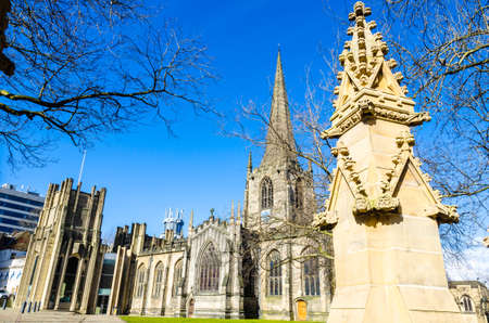 View of Sheffield Cathedral with a blue sky as backgroundの写真素材