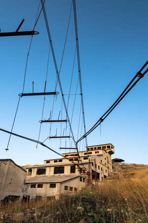 Abandoned buildings and machinery of the mining complex Trabia Tallarita in Riesi, near Caltanissetta, Italyの写真素材