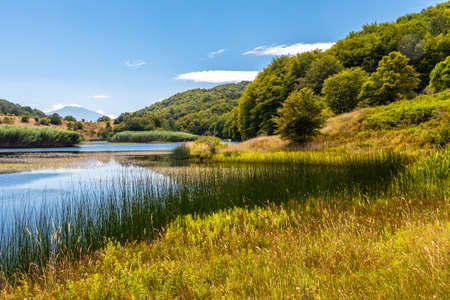 View of Biviere lake with Etna volcano, Nebrodi National Park, Sicily, Italyの写真素材