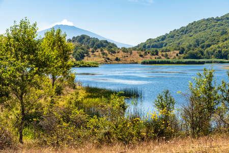 View of Biviere lake with Etna volcano, Nebrodi National Park, Sicily, Italyの写真素材