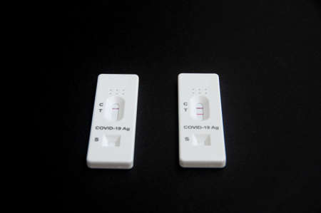 Side view of COVID-19 test on deadly Corona virus infection. Pandemic infectious conceptの写真素材
