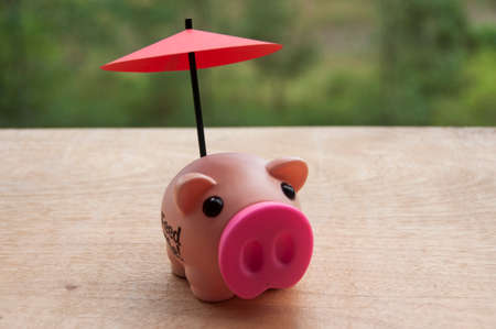 Small red umbrella over piggy bank on wooden table. Financial safety and investment concept.の写真素材