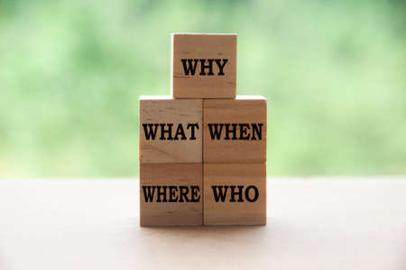 Text on wooden blocks with blurred nature background - Why, What, When Where, Who. Fact finding conceptの写真素材