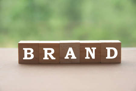 Brand text on wooden blocks with blurred nature background. Branding conceptの写真素材