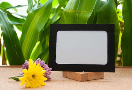 Blank notepad with flower on wooden desk. Copy spaceの写真素材