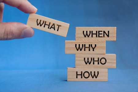 What, when, why, who and how text on wooden blocks. Root cause analysis concept.の写真素材
