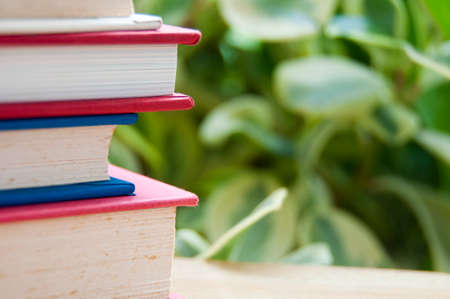 Stack of books with blurred nature background. Copy spaceの写真素材