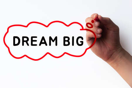 Hand writing Dream Big in cloud bubble on transparent wipe board.の写真素材