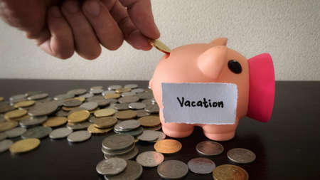 Hand putting coin to piggy bank for vacation.