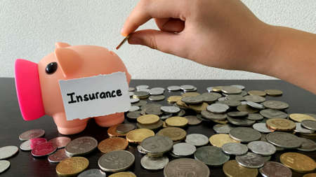 Hand putting coin money into piggy bank for insurance payment.の写真素材