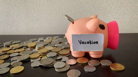 Saving coins into piggy bank for vacation.の写真素材