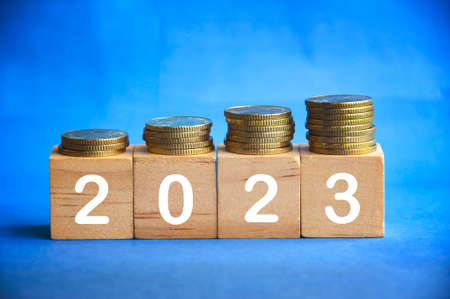 New year 2023 text on wooden blocks with gold coins on top. New year concept
