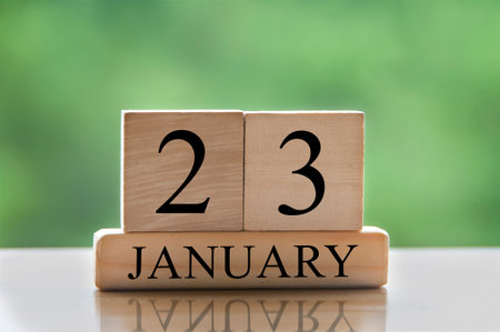 January 23 calendar date text on wooden blocks with blurred background park. Copy space and calendar concept.の写真素材