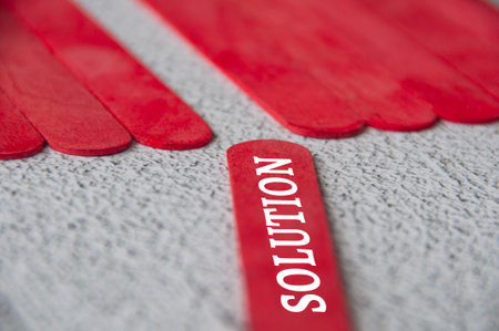 Solution text on red wooden stick separated from the rest of the sticks . Solution concept.