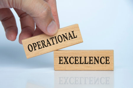 Hand holding wooden block with operational excellence text.