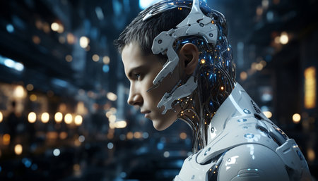 Close up view of white cyborg human hybrid standing in front of a mass data.の素材