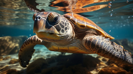 Sea turtle close up over coral reef in Sabah. Conservation and marine life conceptの素材