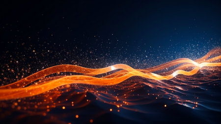 An impressive 3D rendering that features a dynamic wave abstract background. Network and big data concept.の素材