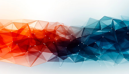 A highly-detailed Plexus of abstract with dark orange, red and blue geometrical lines with triangles and dots. Big data concept.の素材