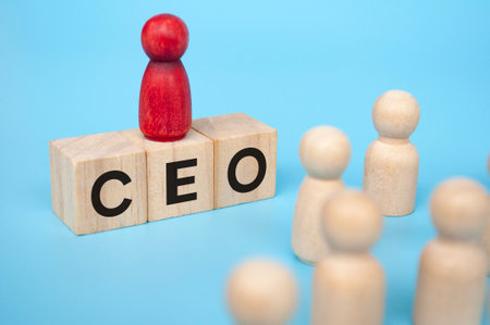 Red figure on top of wooden cubes with CEO text. Leadership concept.の写真素材
