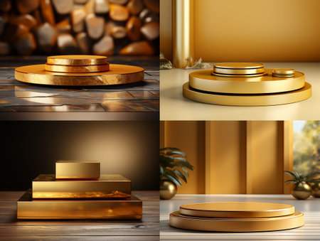 Golden realistic podium for product advertising.の素材