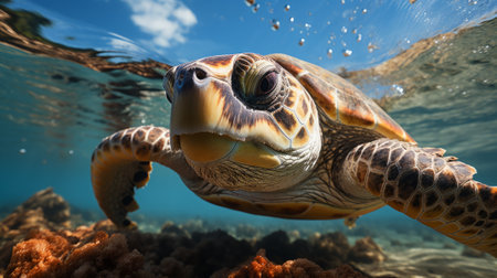 Close up view of a marine sea turtle. Marine and wildlife concept.の素材