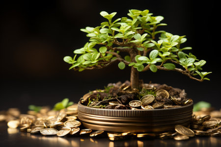 A tree growing on a pile of gold coins. Wealth and prosperity concept.の素材