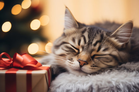 Close up of cat sleeping with Christmas decoration background.の素材