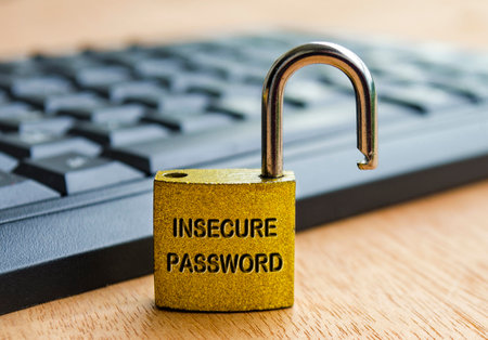Insecure Password text engraved on padlock with keyboard background. Password and use access...