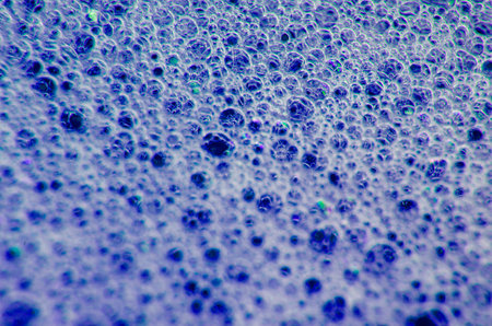 Top view of Macro shot of bubbles forming on a water surface with dark blue background.