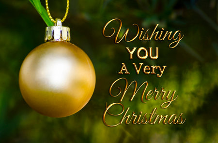 Golden Merry Christmas and Happy New Year wishes with Christmas ball background. Christmas celebration concept.の写真素材