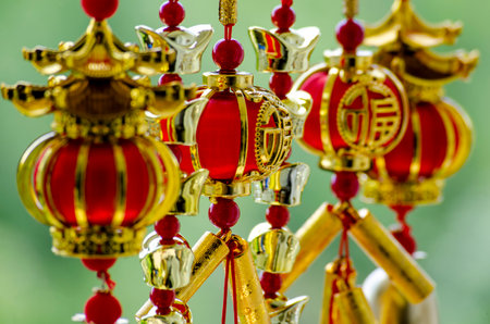 Chinese New Year lanterns and decoration with Chinese word meaning Good Fortune and Blessing. Chinese New Year celebration conceptの写真素材
