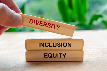 Diversity, Inclusion and Equity text on wooden blocks.