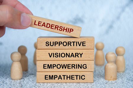 LEADERSHIP, SUPPORTIVE, VISIONARY, EMPOWERING and EMPATHETIC text on wooden blocks. Leadership conceptの写真素材