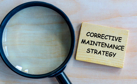 Top view of Corrective Maintenance Strategy text on wooden blocks with magnifying glass