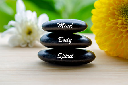 Zen stones stacked with words mind, body, spirit beside a yellow flower.の写真素材