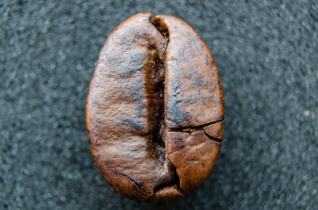 Perfectly symmetrical coffee bean in sharp focus, resting on a matte dark surface, showcasing its full shape and roast line.の写真素材