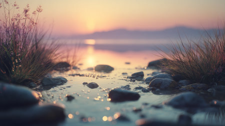 Violet toned dreamscape where soft light paints floating mountains in a warm glowing mist.の素材