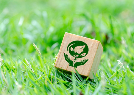 Single wooden cube on grass with mother nature symbol.の写真素材