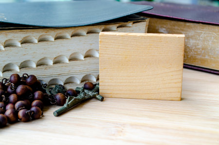 Wooden block with customizable space for text or message sharing. With Holy Bible and Holy Rosary...