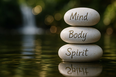 Mind, Body and Spirit on Zen Spa Stones Arranged for Healing Energy and Inner Focus. Spa therapy and healing.の素材