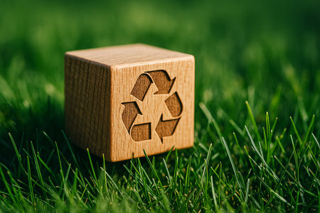 Single wooden block marked recycle positioned on fresh green grass.の素材