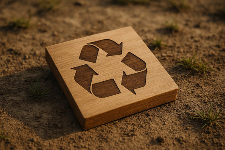 Wooden block showing recycle symbols placed on natural soil groundの素材